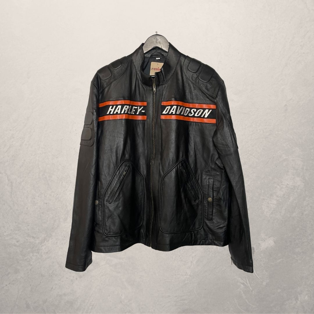 Vintage Harley Davidson black orange logo leather jacket L
