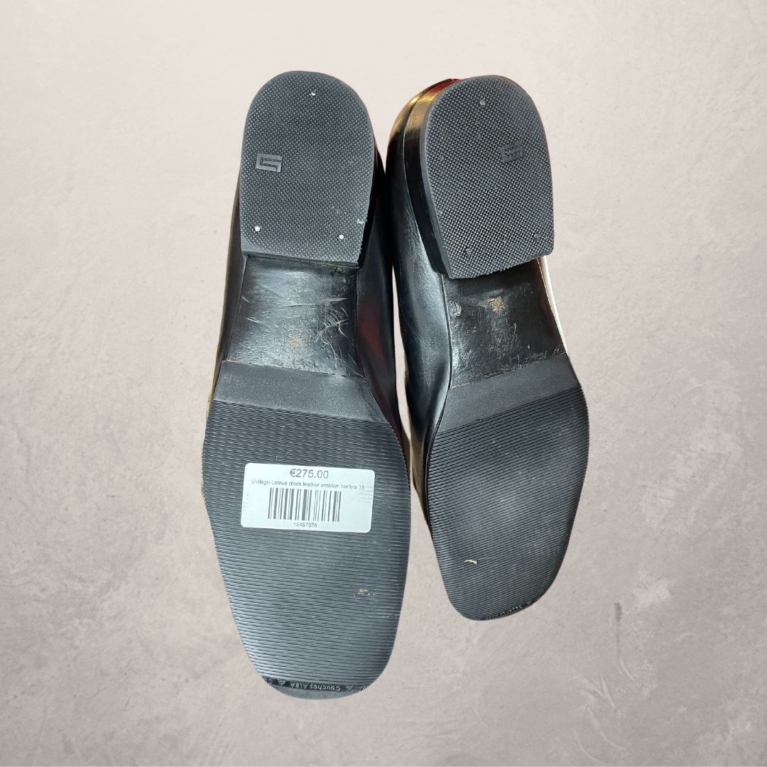 Vintage Loewe zwart lederen embleem loafers 38