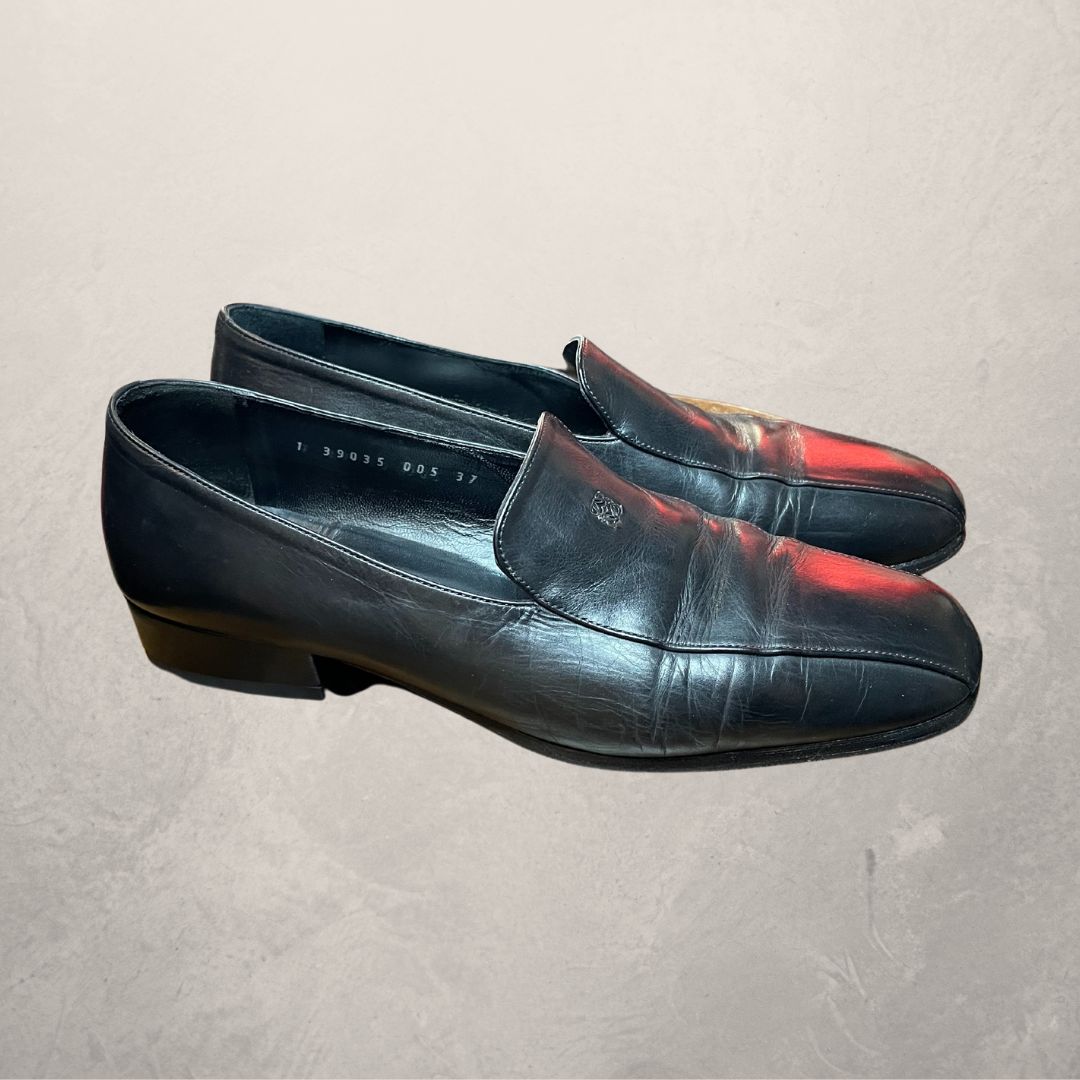 Vintage Loewe zwart lederen embleem loafers 38
