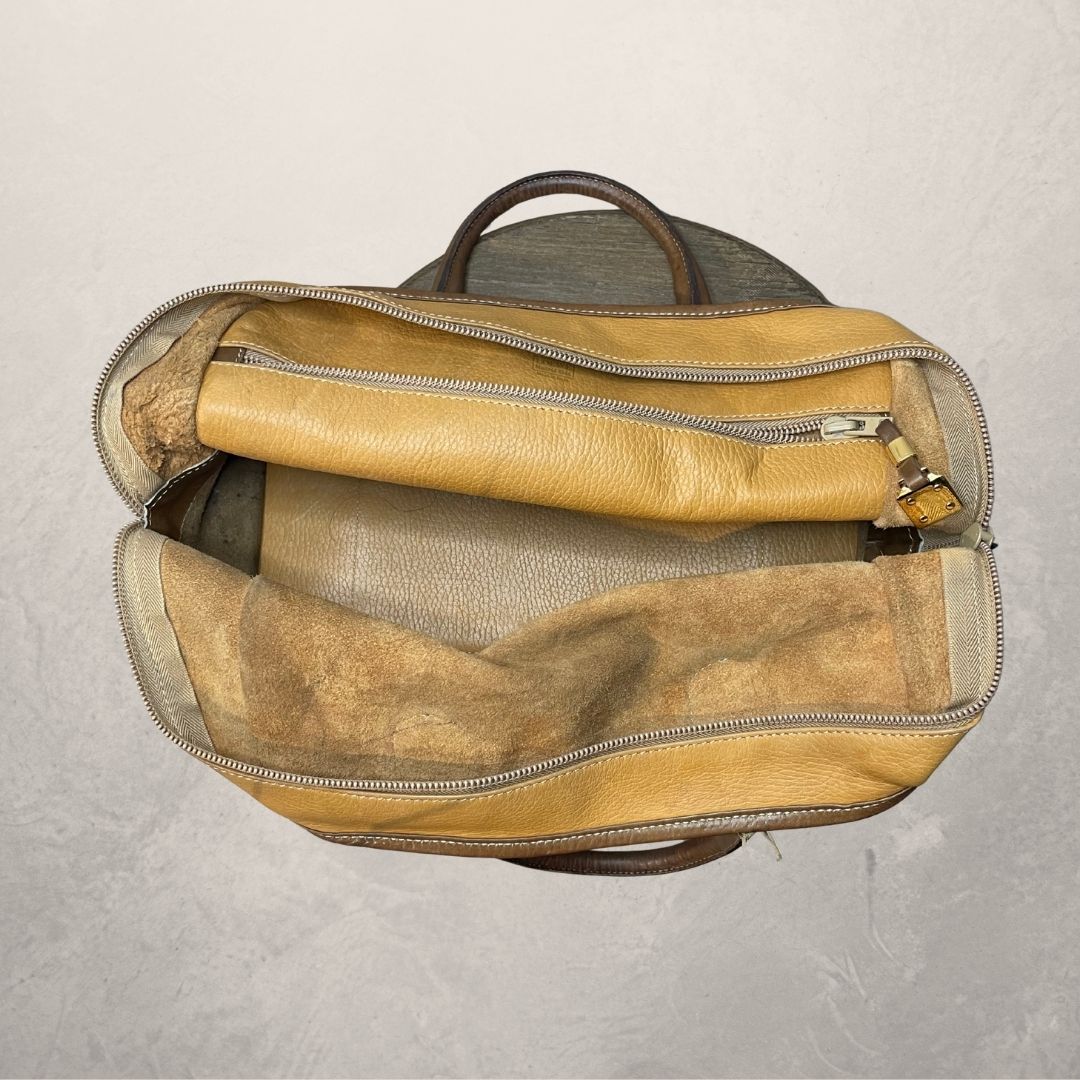 Vintage Loewe bruine en gele leren handtas met logo - van Romae Studios