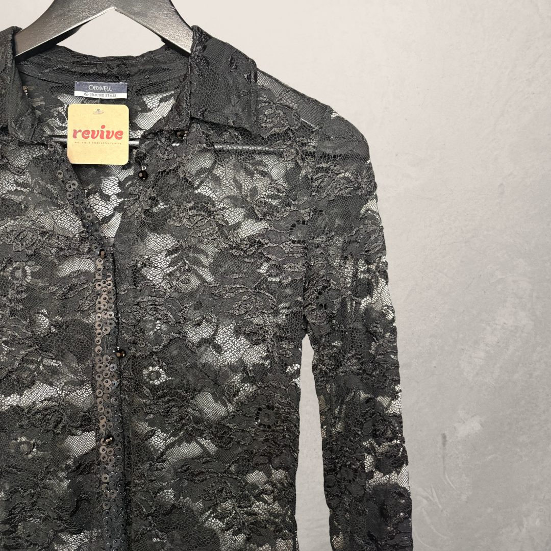 Vintage Orwell zwarte kanten blouse met knopen S