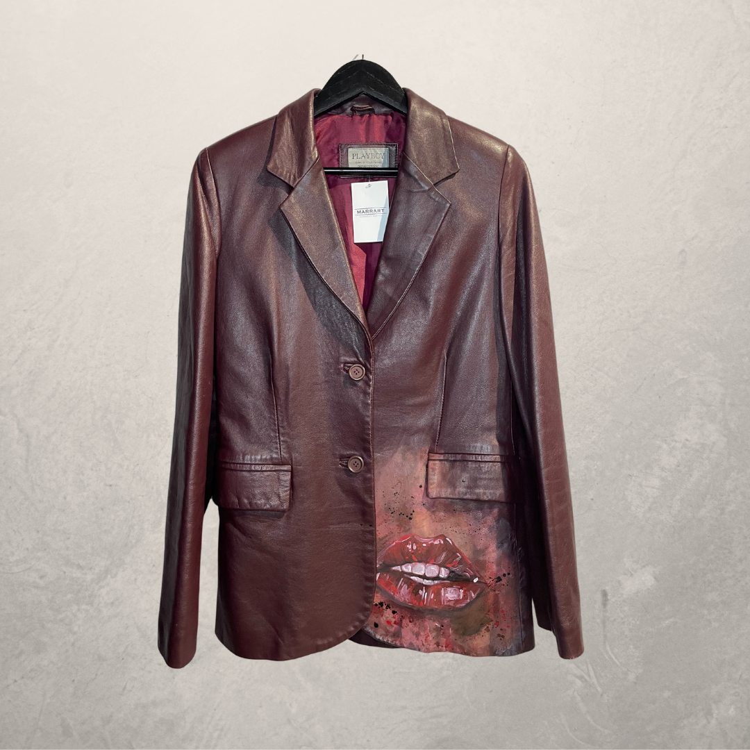 Vintage Playboy maroon painted lips leather jacket S - by @M.a.r.r.art