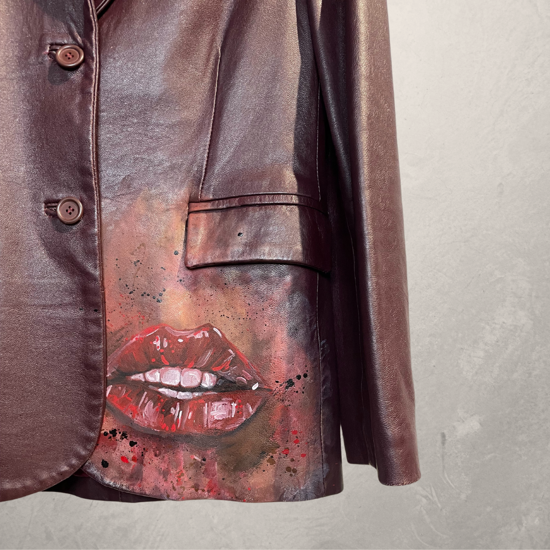 Vintage Playboy maroon painted lips leather jacket S - by @M.a.r.r.art