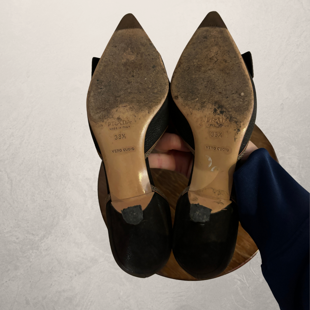 Vintage Prada brown piped buckle kitten heels 38.5