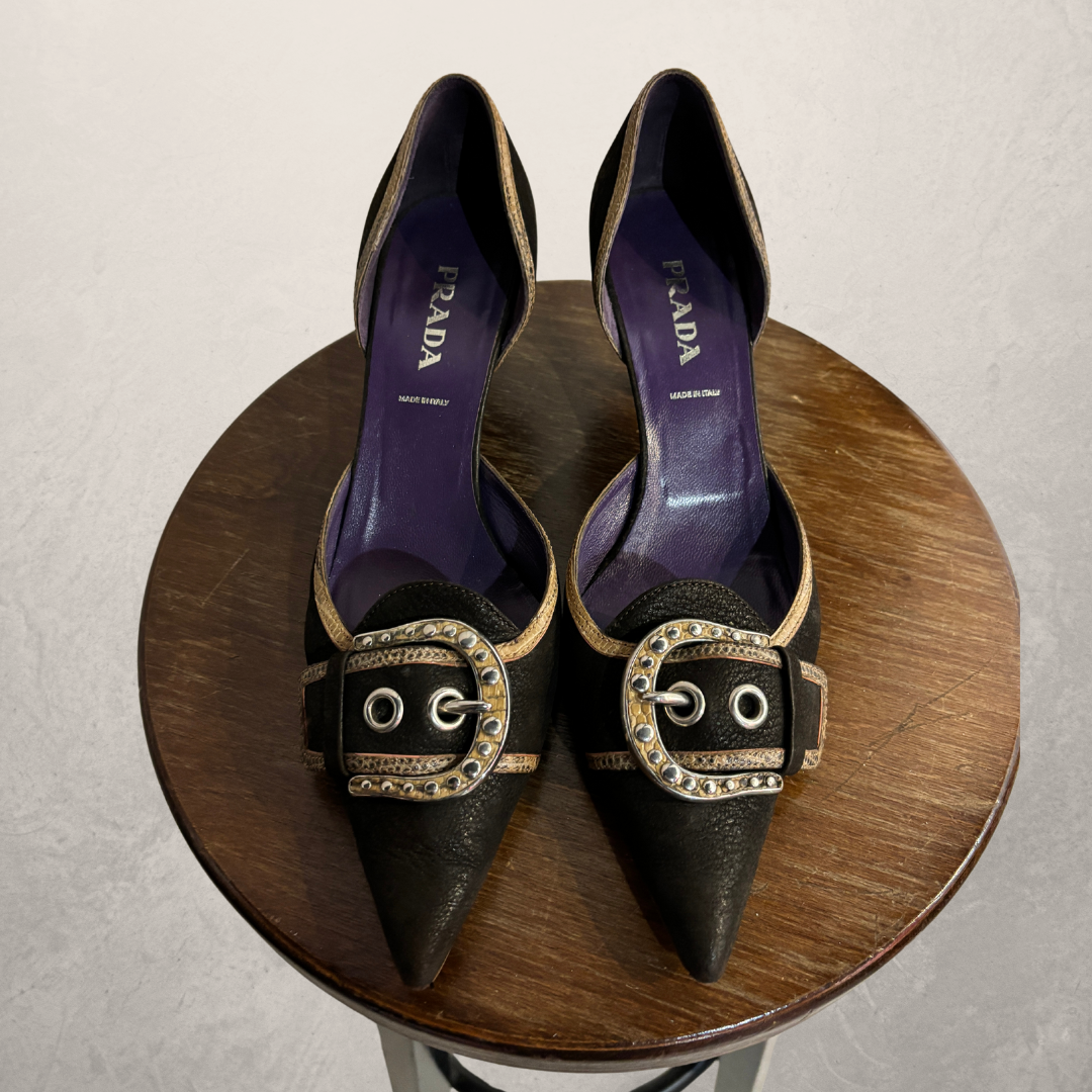 Vintage Prada brown piped buckle kitten heels 38.5