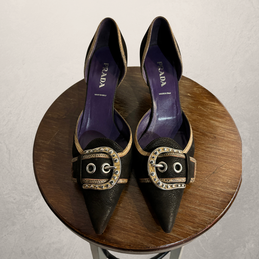 Vintage Prada brown piped buckle kitten heels 38.5