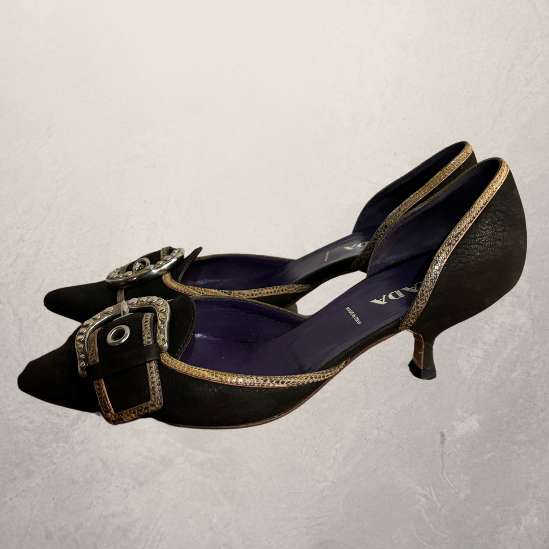 Vintage Prada brown piped buckle kitten heels 38.5