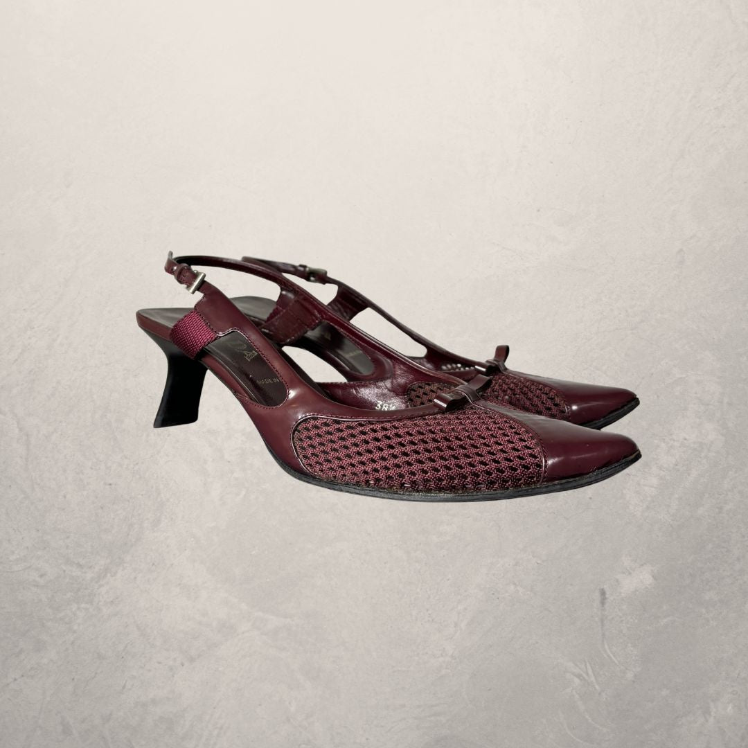 Vintage Prada burgundy mesh kitten heels 38.5 w/ box