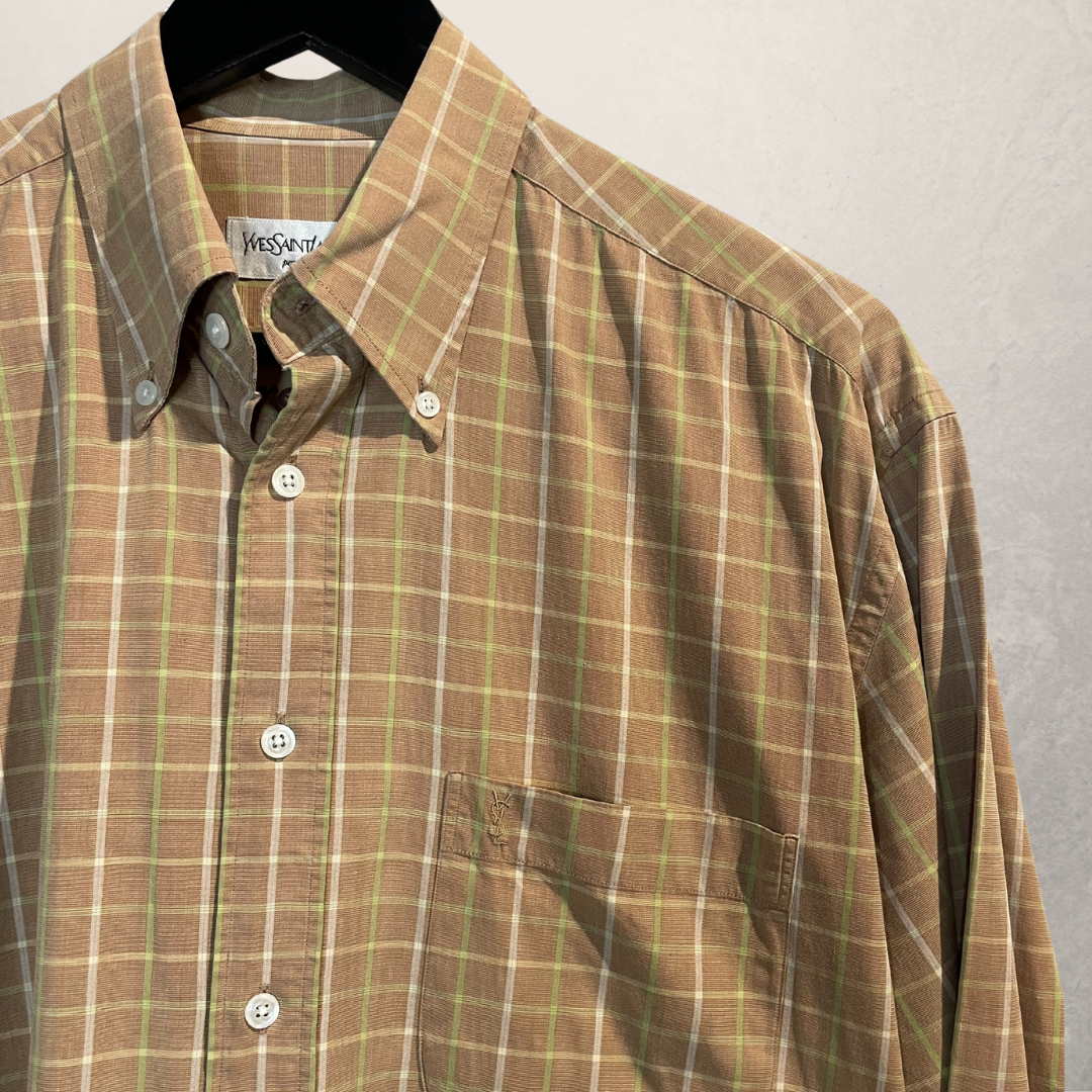 Vintage YSL brown yellow plaid 100% cotton shirt L/XL