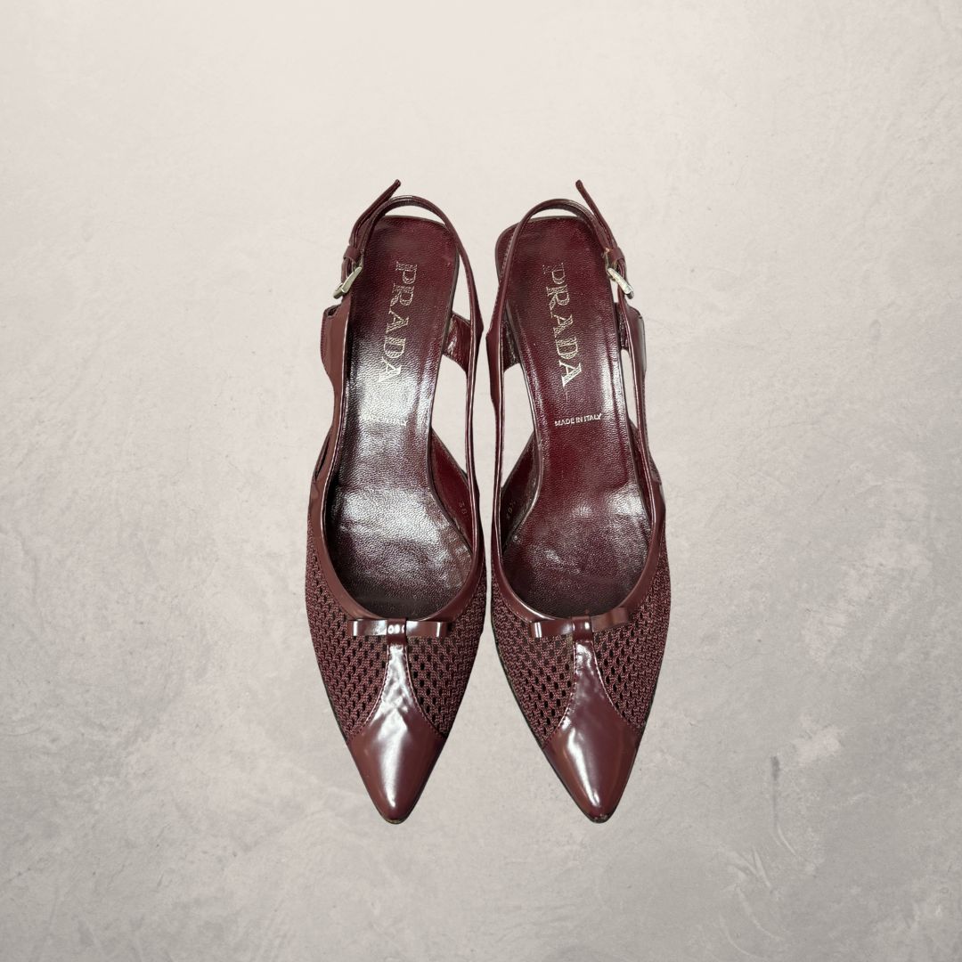 Vintage Prada burgundy mesh kitten heels 38.5 w/ box