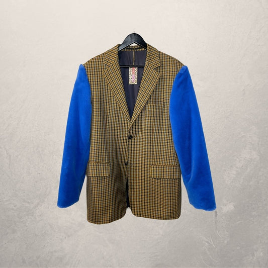 Vintage beige/blauwe bontmouwen blazer OS- By Holy Disco
