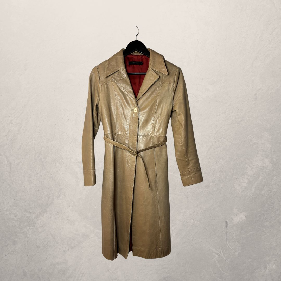 Vintage beige lange leren jas XS