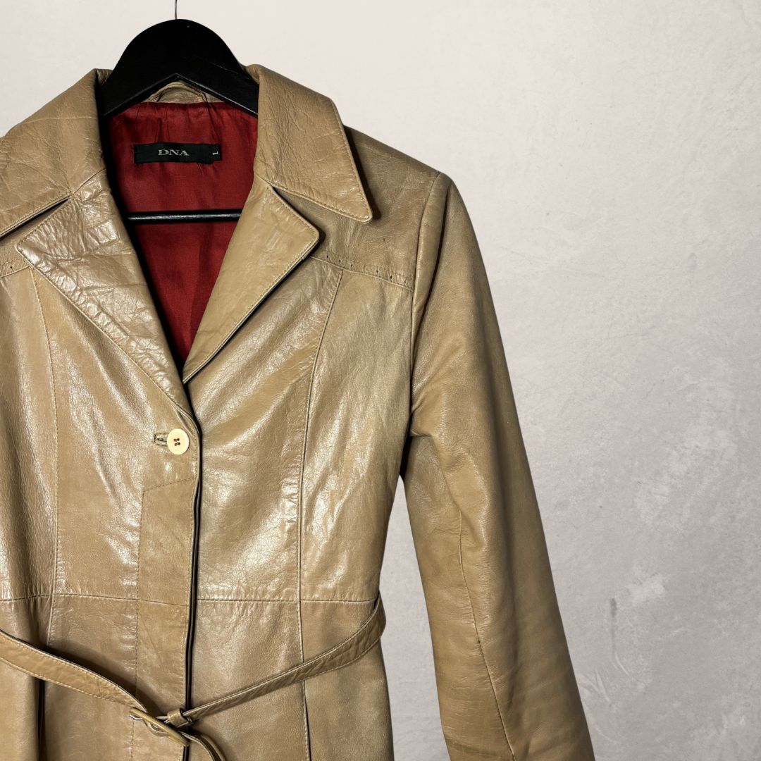 Vintage beige lange leren jas XS