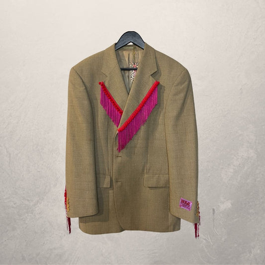Vintage beige/roze franje en rode bies blazer OS- By Holy Disco