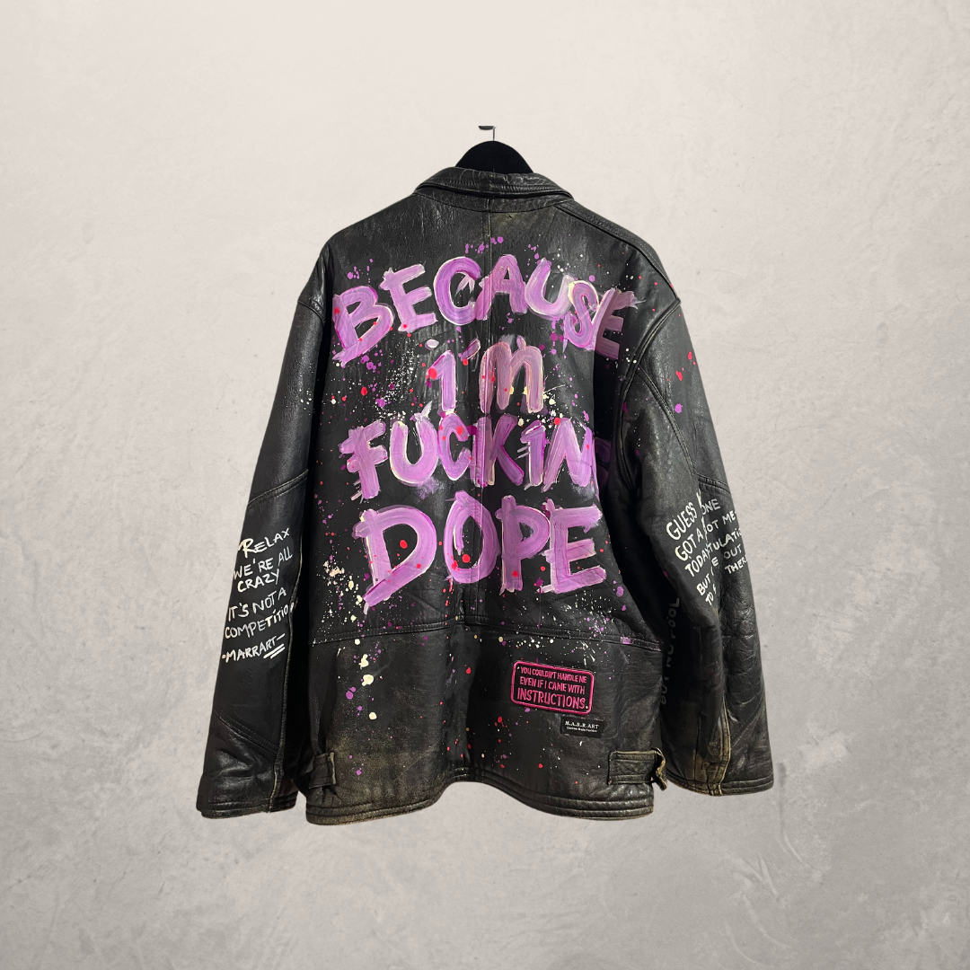 Vintage black "because im fucking dope" oversized leather jacket L- by @M.a.r.r.art