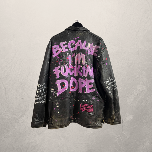 Vintage black "because im fucking dope" oversized leather jacket L- by @M.a.r.r.art