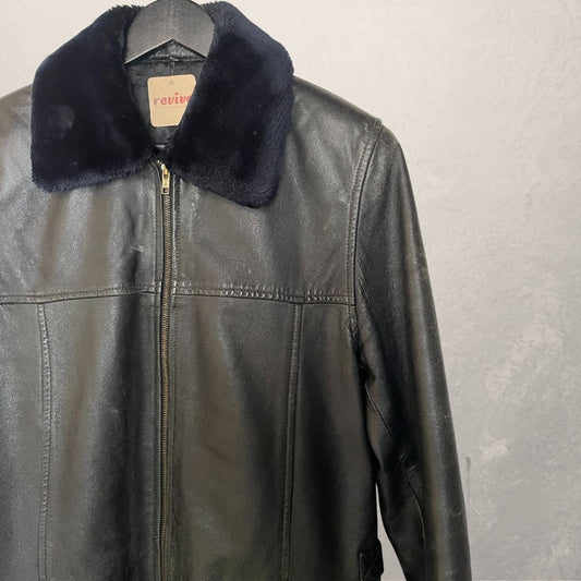 Vintage zwartblauwe bont leren jas L