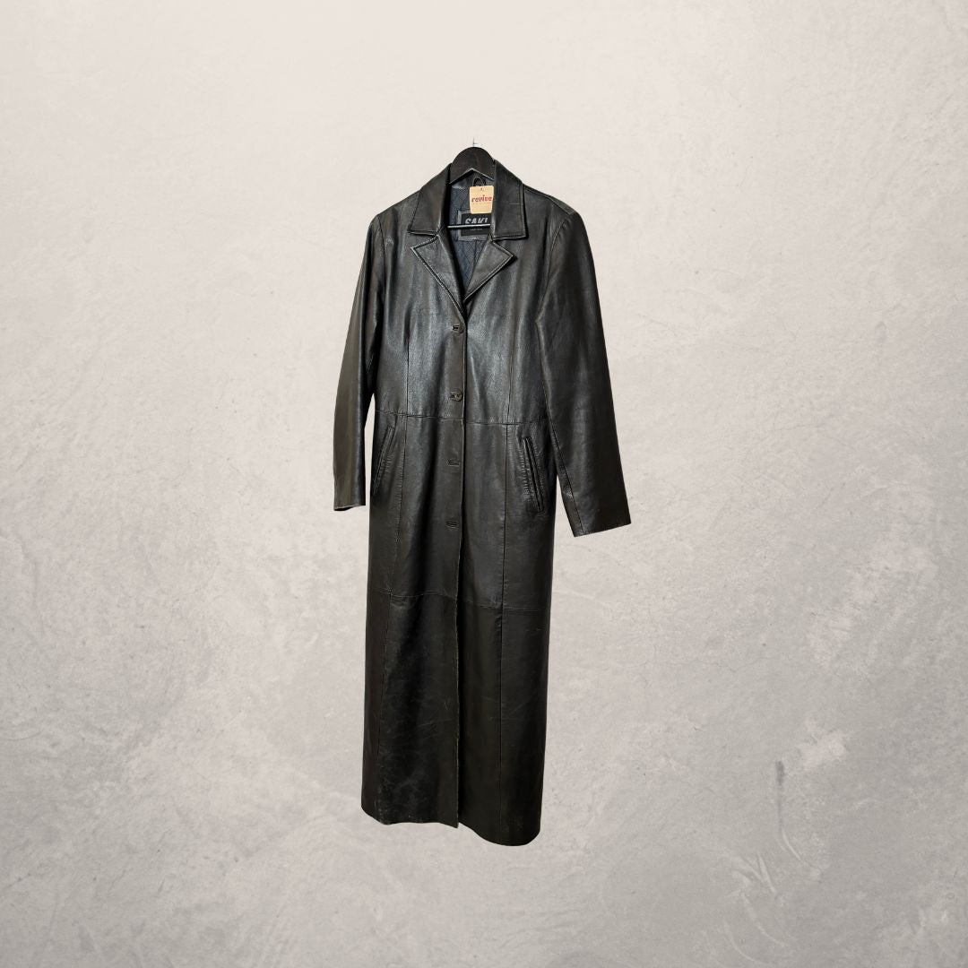 Vintage zwarte leren jas tot de knie S/M