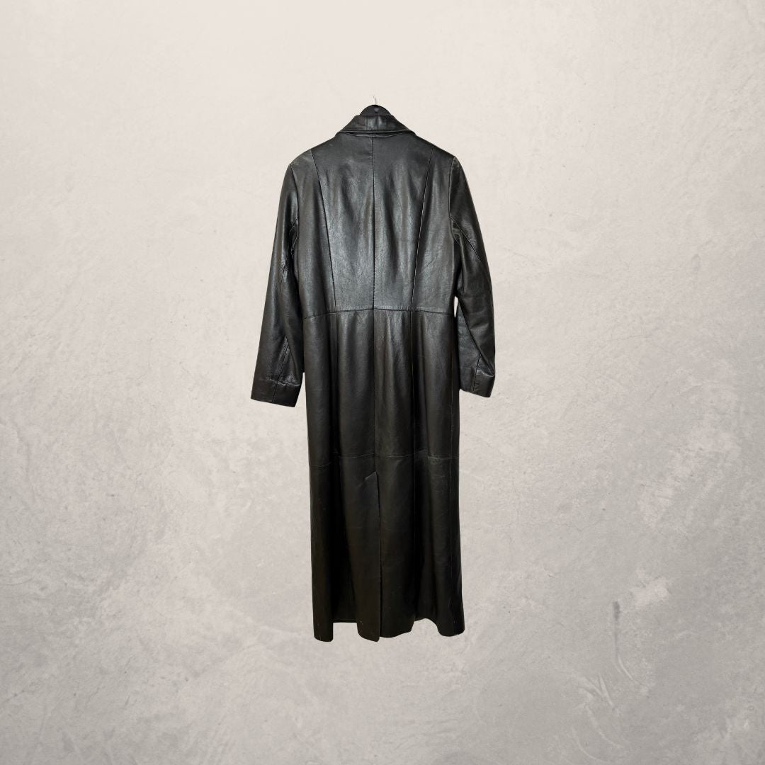 Vintage zwarte leren jas tot de knie S/M