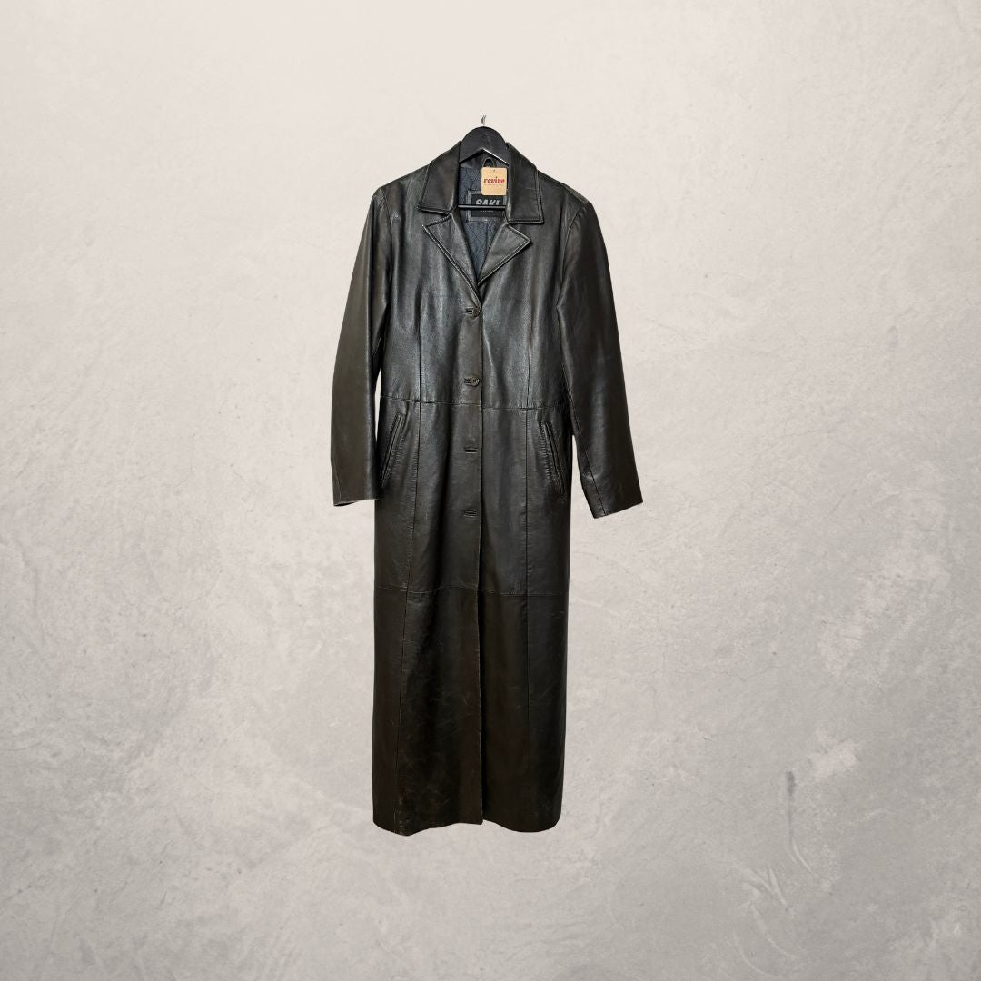 Vintage zwarte leren jas tot de knie S/M