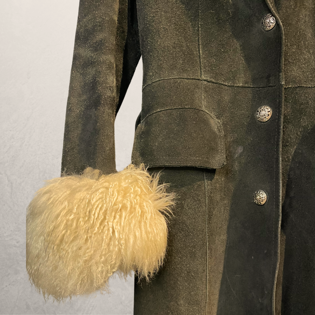 Vintage black suede fur collar long coat XS