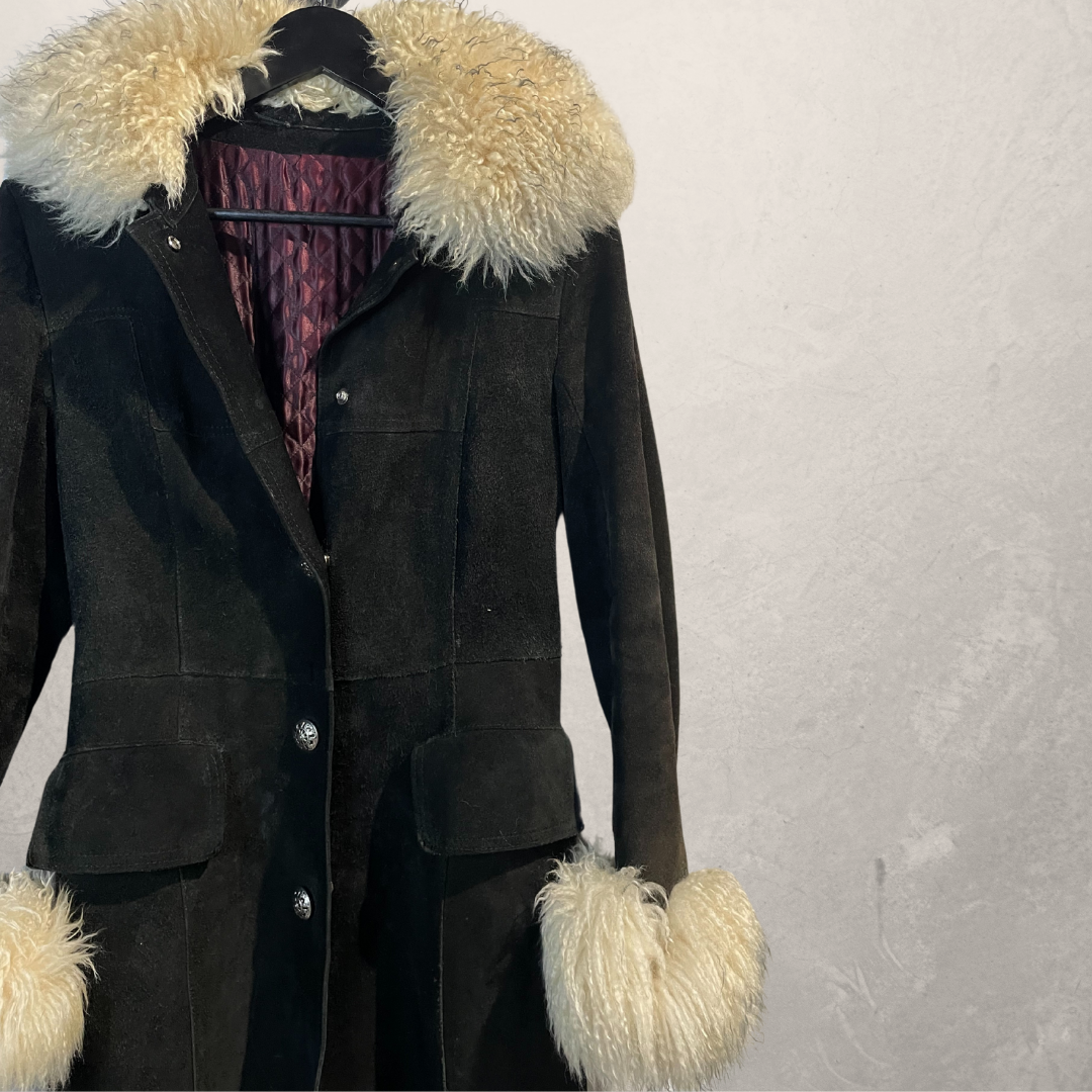 Vintage black suede fur collar long coat XS