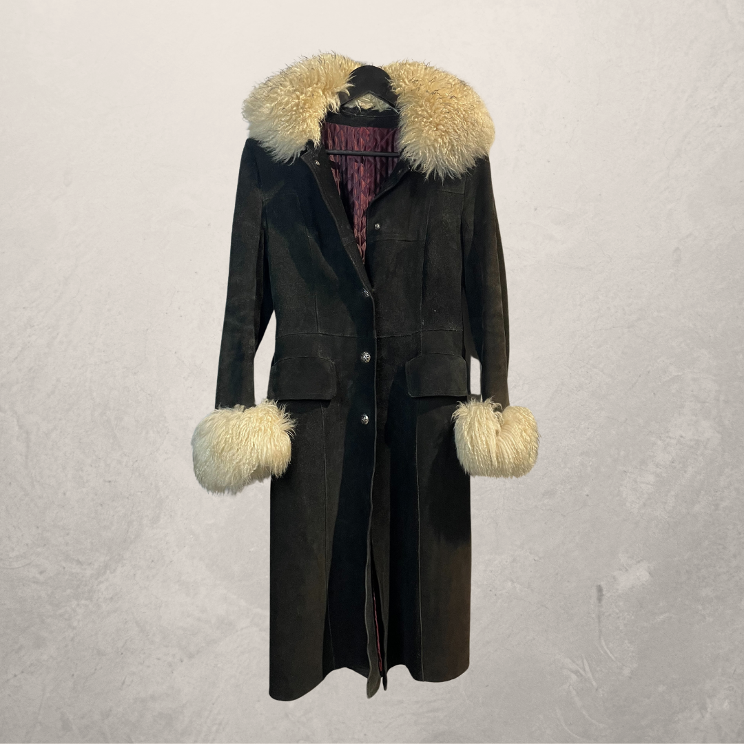 Vintage black suede fur collar long coat XS