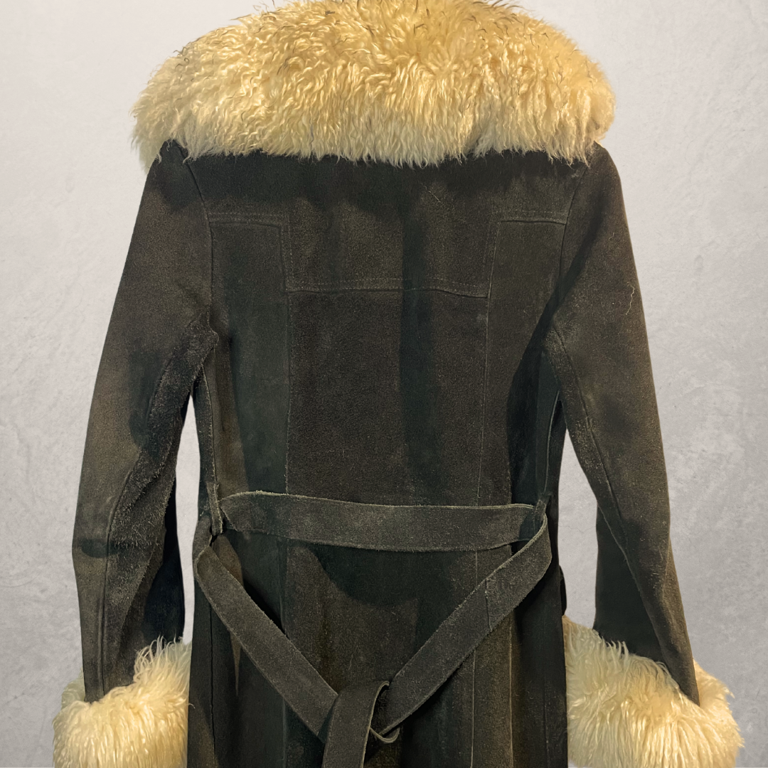 Vintage black suede fur collar long coat XS