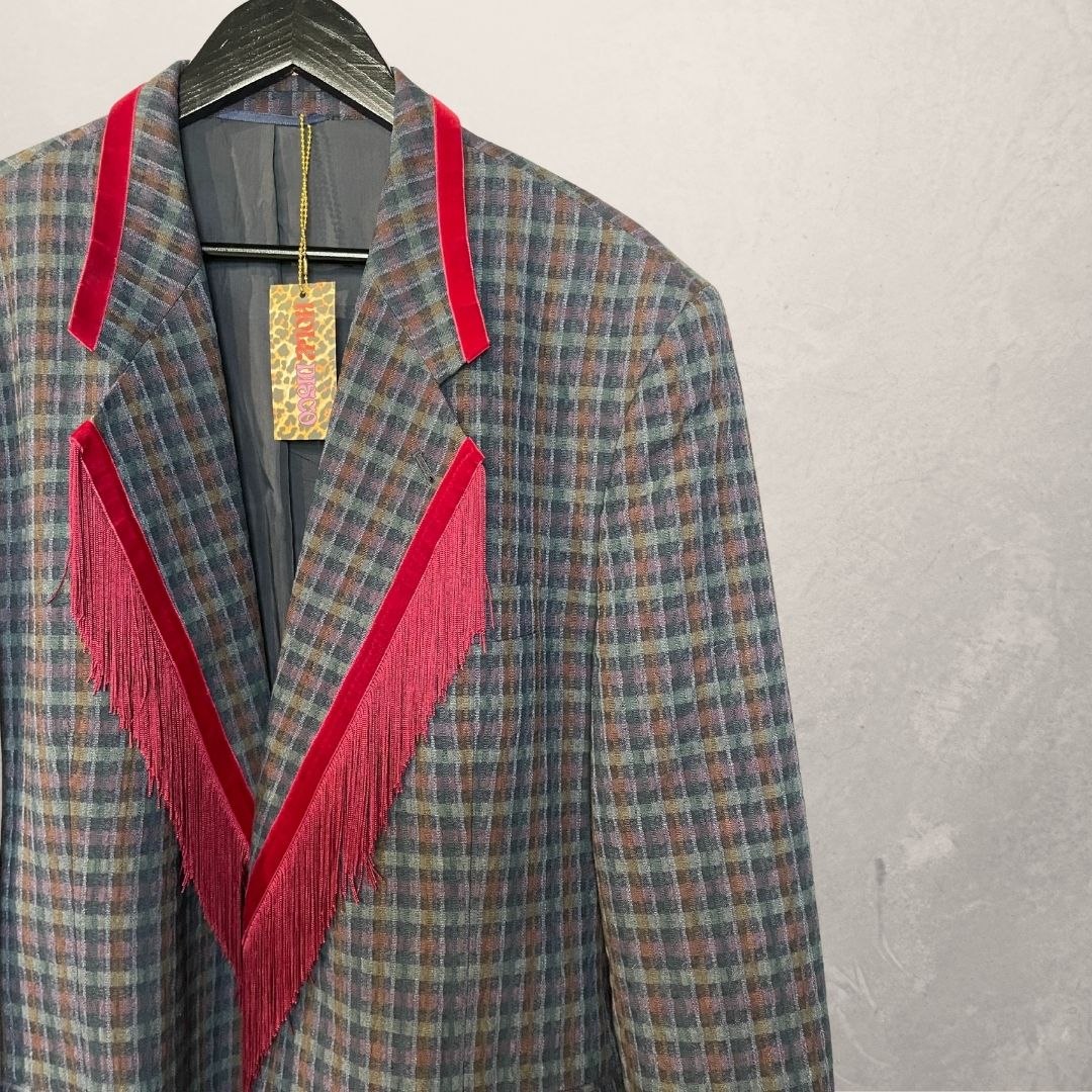 Vintage blauw/bordeaux franje blazer OS- By Holy Disco