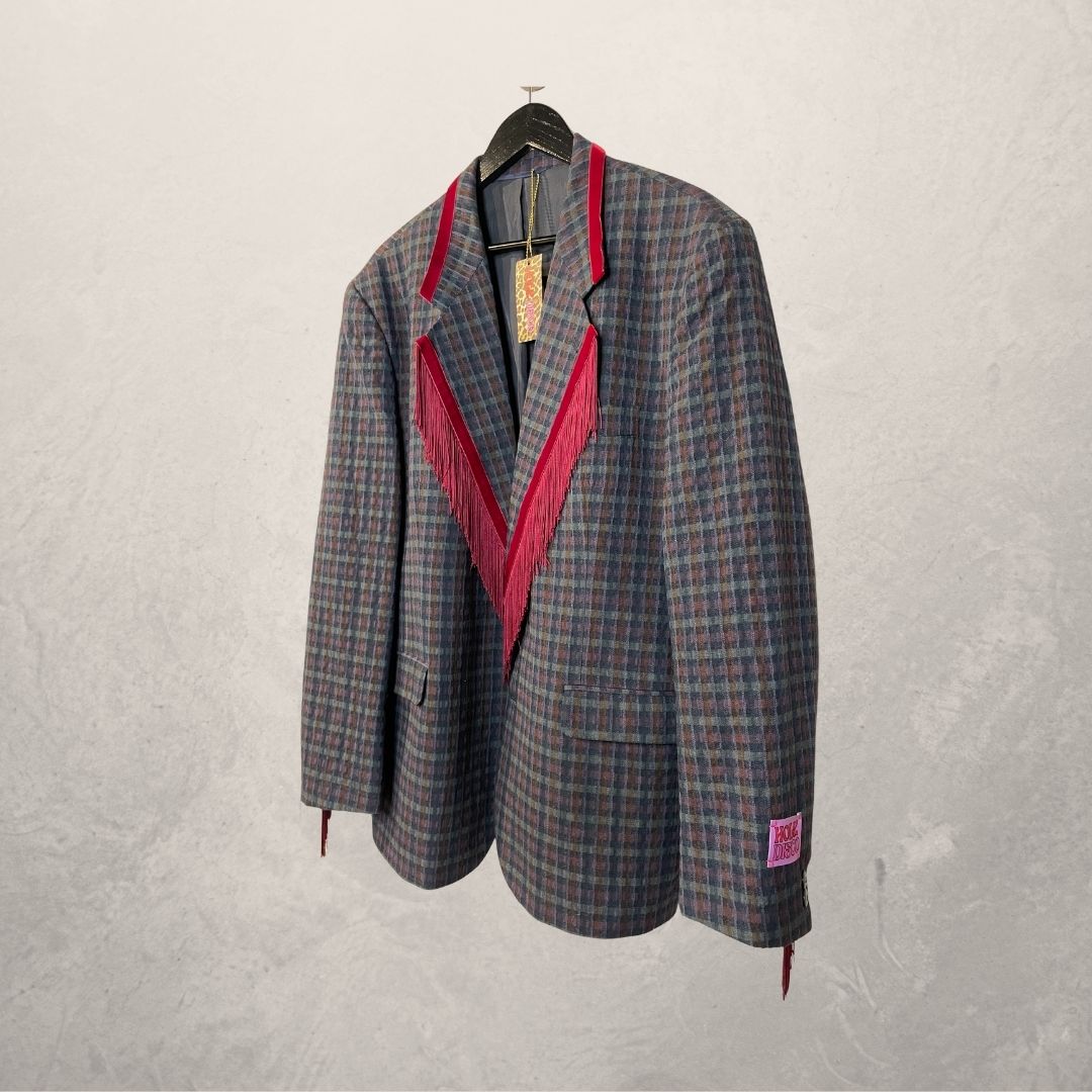 Vintage blauw/bordeaux franje blazer OS- By Holy Disco