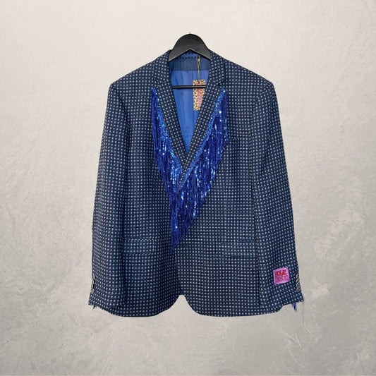 Vintage blazer met blauwe stippen en glitterfranjes OS- By Holy Disco