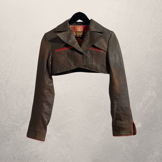 Vintage brown leather cropped cowboy jacket XS