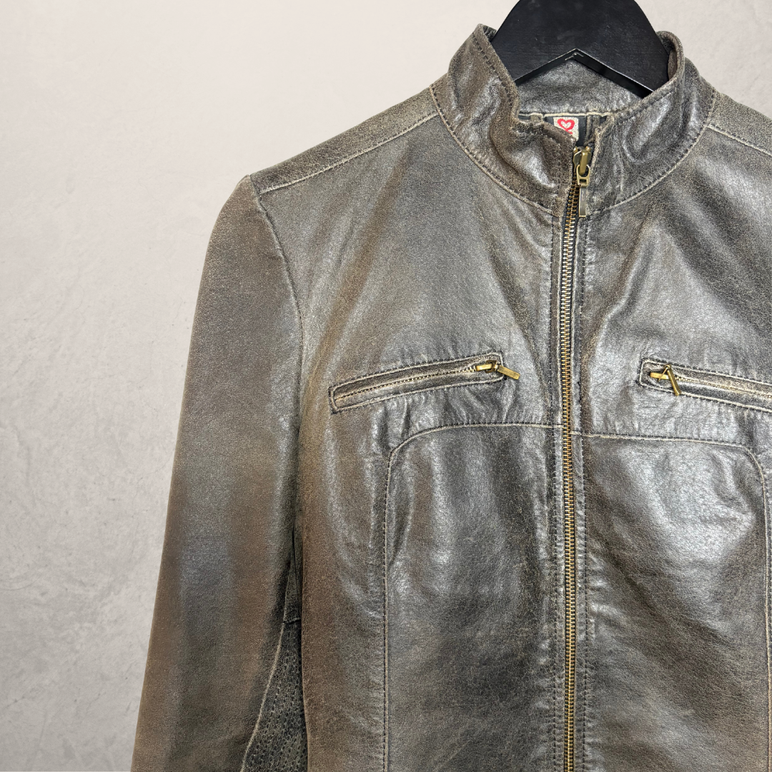 Vintage bruin leren motor fitted leren korte jack S
