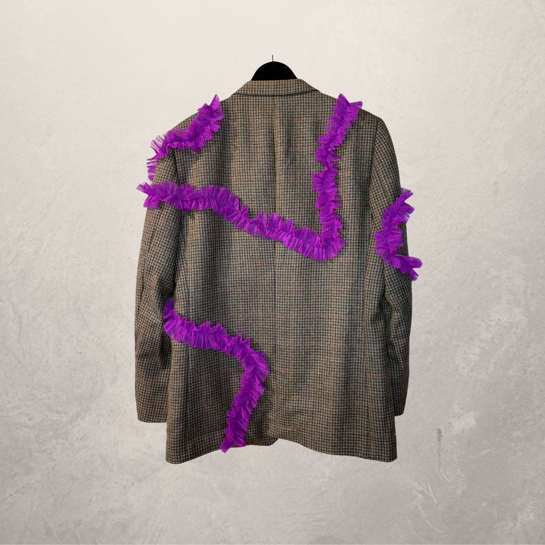 Vintage brown plaid with purple ruffles blazer OS- by Holy Disco