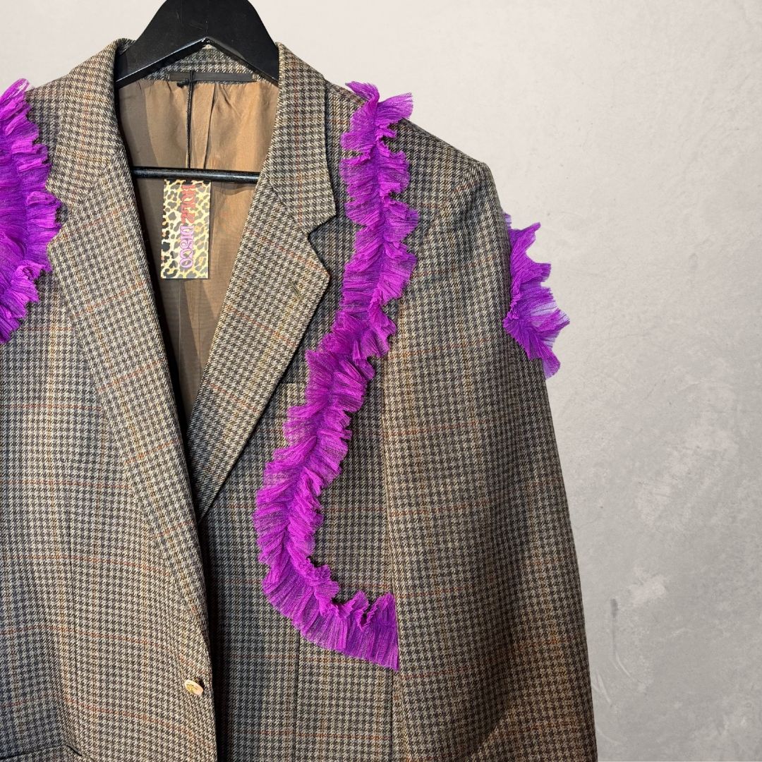 Vintage brown plaid with purple ruffles blazer OS- by Holy Disco