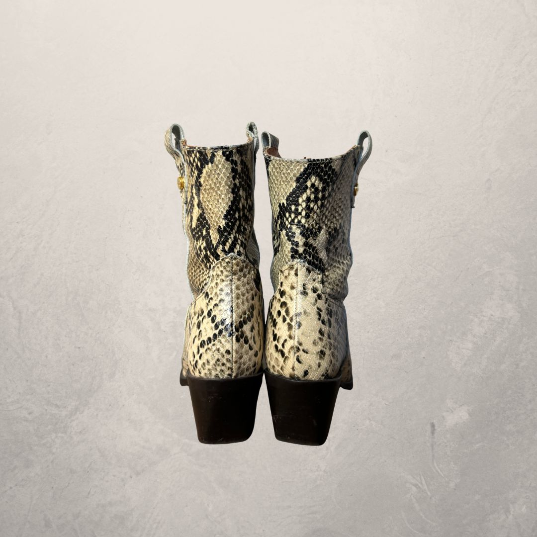 Vintage bruine enkellaarsjes met slangenprint, maat 37