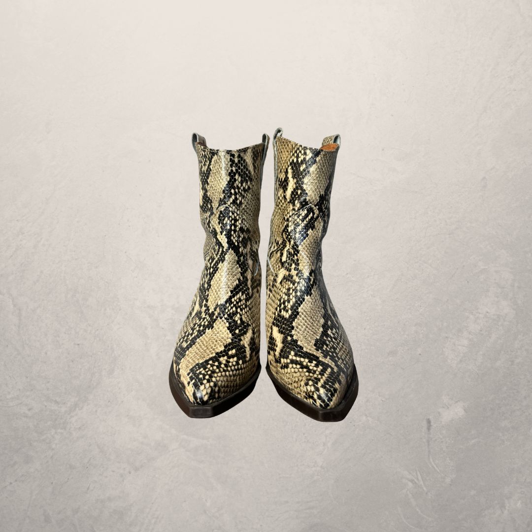 Vintage bruine enkellaarsjes met slangenprint, maat 37