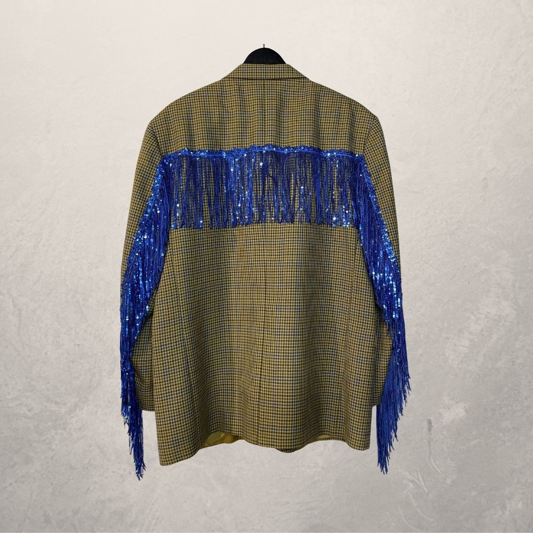 Vintage bruin blazer met blauwe ruit en blauwe glitterfranjes OS- By Holy Disco