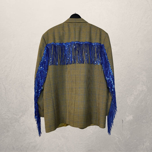 Vintage bruin blazer met blauwe ruit en blauwe glitterfranjes OS- By Holy Disco
