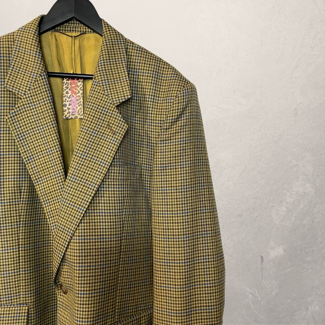 Vintage bruin blazer met blauwe ruit en blauwe glitterfranjes OS- By Holy Disco