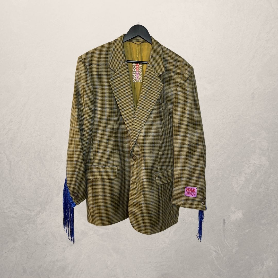 Vintage bruin blazer met blauwe ruit en blauwe glitterfranjes OS- By Holy Disco