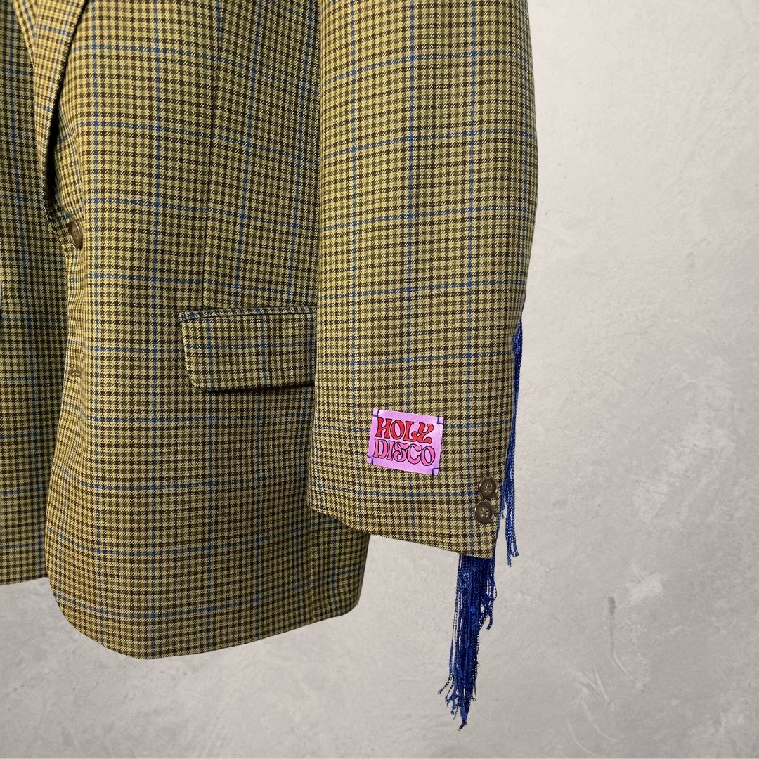 Vintage bruin blazer met blauwe ruit en blauwe glitterfranjes OS- By Holy Disco