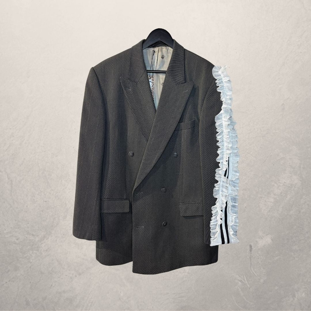 Vintage dark grey 3 stripe & ruffle sleeve blazer OS- by Holy Disco