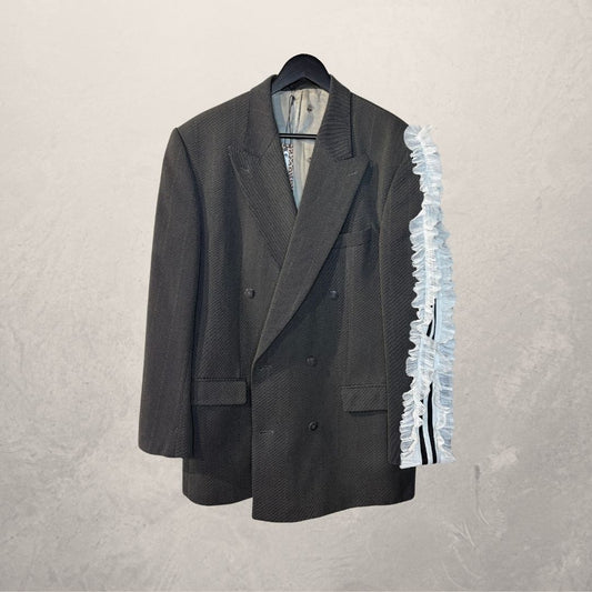 Vintage dark grey 3 stripe & ruffle sleeve blazer OS- by Holy Disco