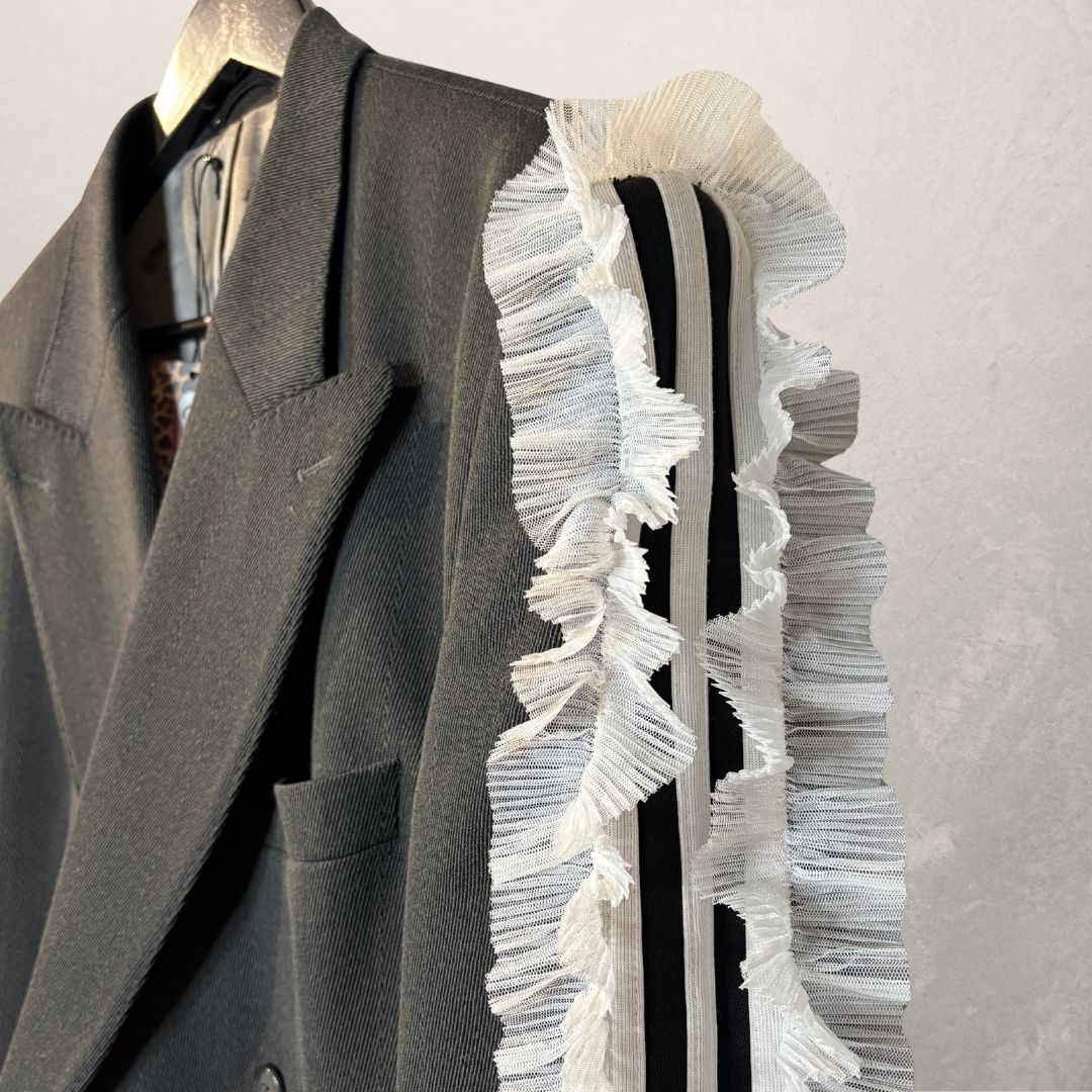 Vintage dark grey 3 stripe & ruffle sleeve blazer OS- by Holy Disco