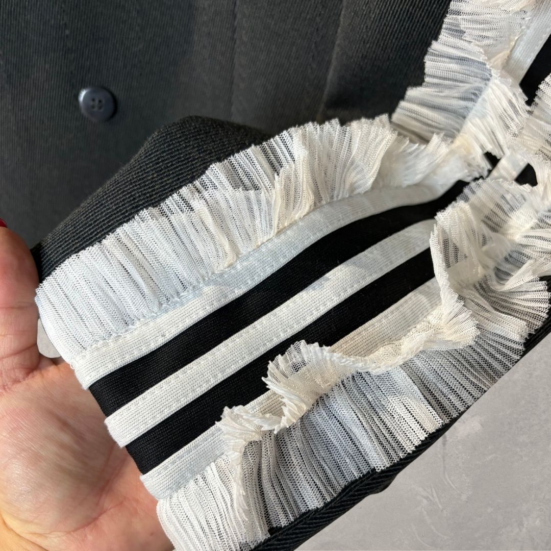 Vintage dark grey 3 stripe & ruffle sleeve blazer OS- by Holy Disco