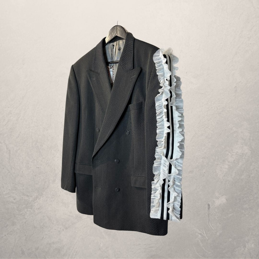 Vintage dark grey 3 stripe & ruffle sleeve blazer OS- by Holy Disco