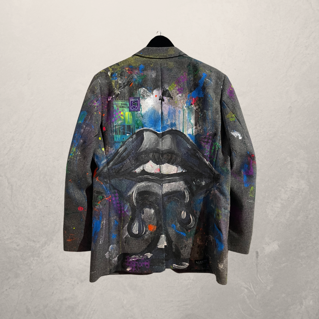 Vintage grijs wollen zwart contour lippen blazer L- door @Marrart