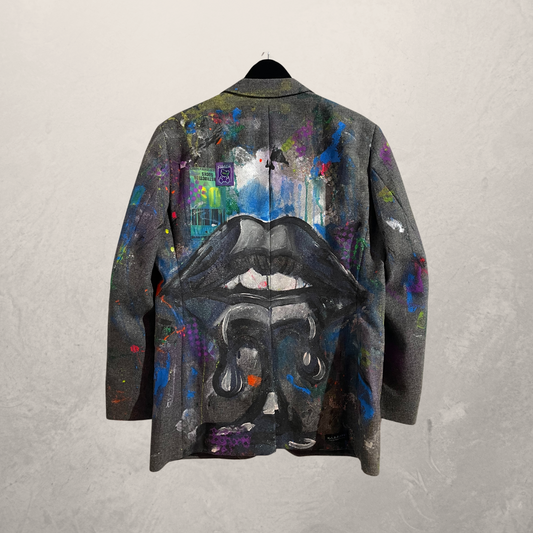 Vintage grey wool black outline lips blazer L- by @M.a.r.r.art