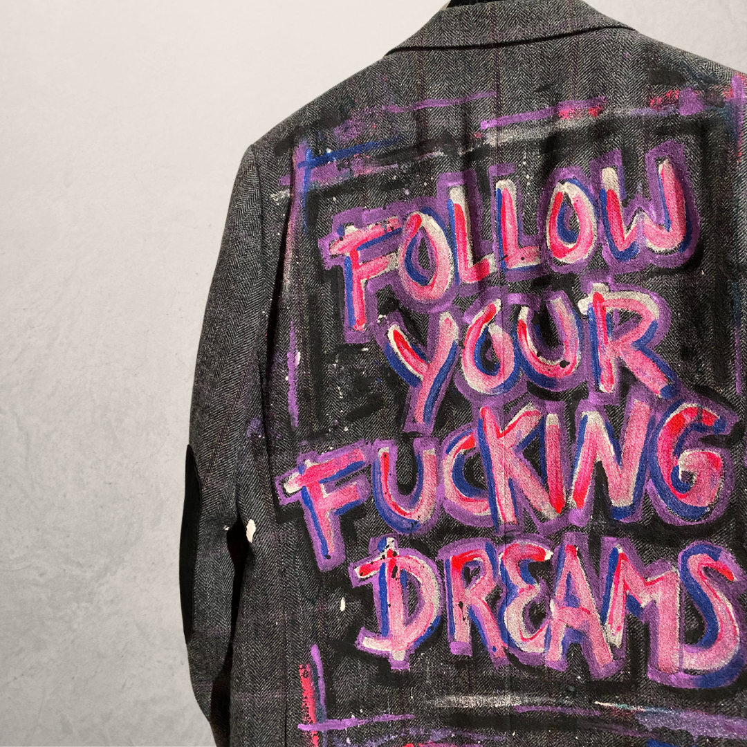 Vintage grey woven "Follow Your F*cking Dreams" blazer L - By @M.a.r.r.art